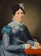 Portrat af Sarah Wolff f. Cruttendon siddende i bla kjole, skrivende et brev berg